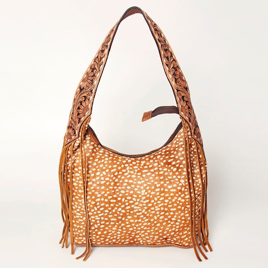 American Darling Women's Hobo Bag Hair-On Cowhide Hand Tooled Fringes Vegetable-Tanned Genuine Leather YKK Zipper