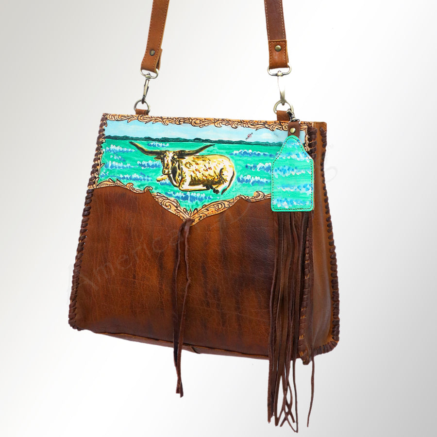 American Darling Hand Painted Western Leather Tote Bag, Genuine Full Grain Leather Tote with Fringes and Braided Details