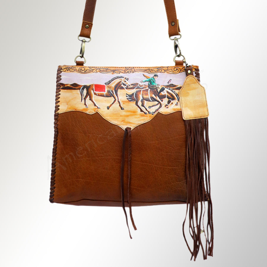 American Darling Hand Painted Western Leather Tote Bag, Genuine Full Grain Leather Tote with Fringes and Braided Details