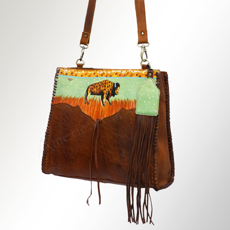 American Darling Hand Painted Western Leather Tote Bag, Genuine Full Grain Leather Tote with Fringes and Braided Details