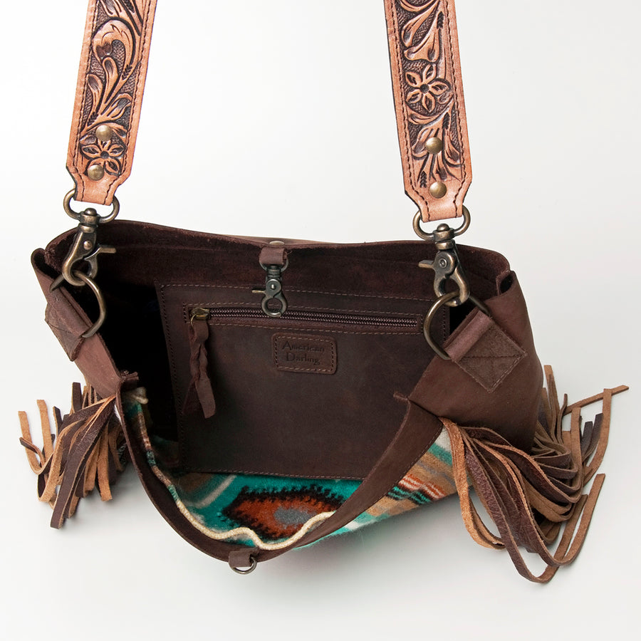 American Darling Messenger Bag Hand Tooled Floral Carved Saddle Blanket Leather Western Bag with Fringes & YKK Zipper