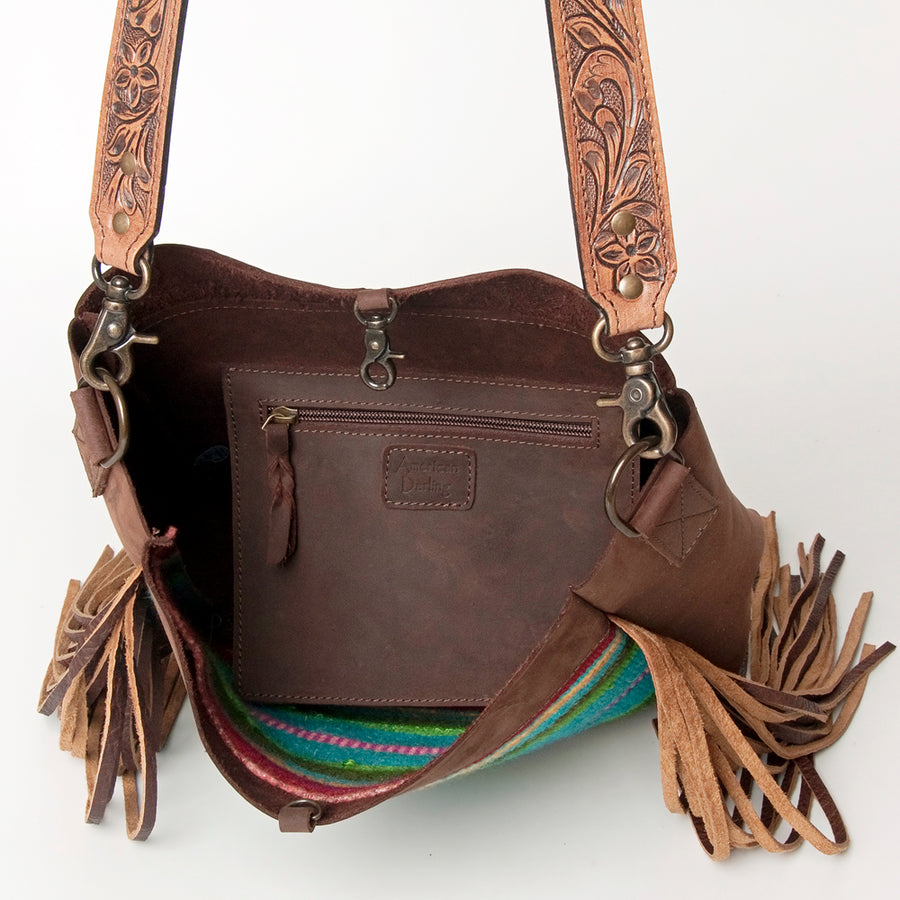 American Darling Messenger Bag Hand Tooled Floral Carved Saddle Blanket Leather Western Bag with Fringes & YKK Zipper