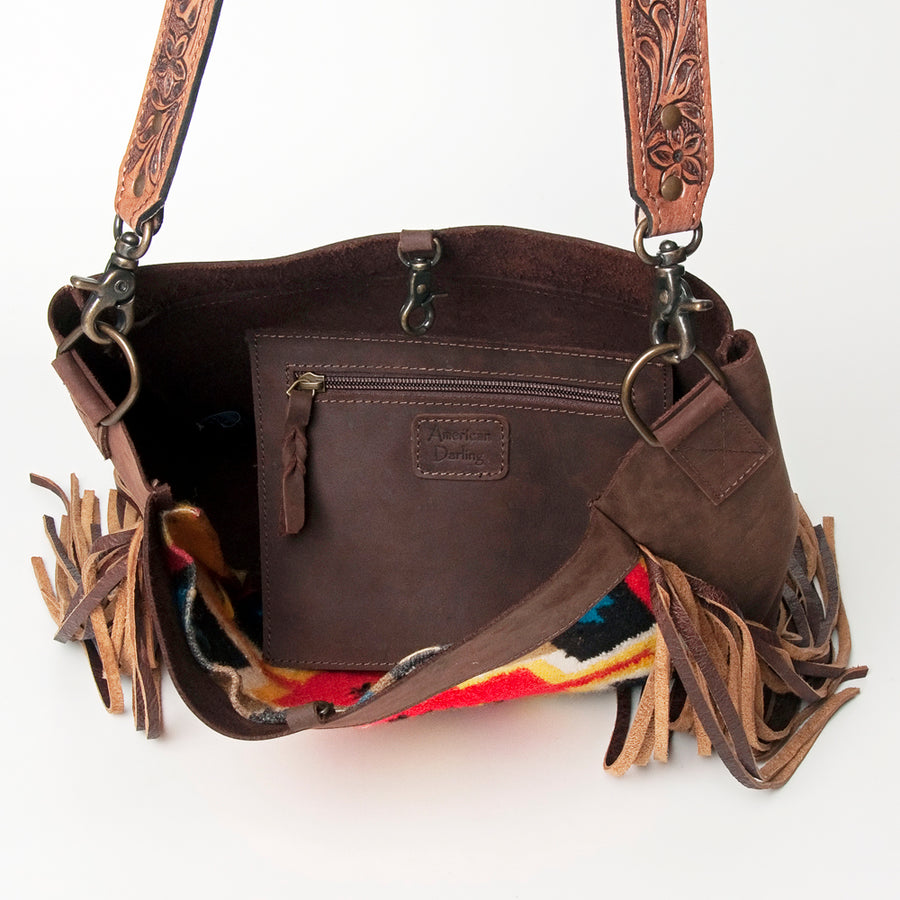 American Darling Messenger Bag Hand Tooled Floral Carved Saddle Blanket Leather Western Bag with Fringes & YKK Zipper