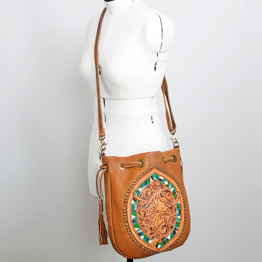 American Darling Bucket Bag Hand Tooled Floral Leather & Hair-On Cowhide Western Crossbody Purse 14in x 12in