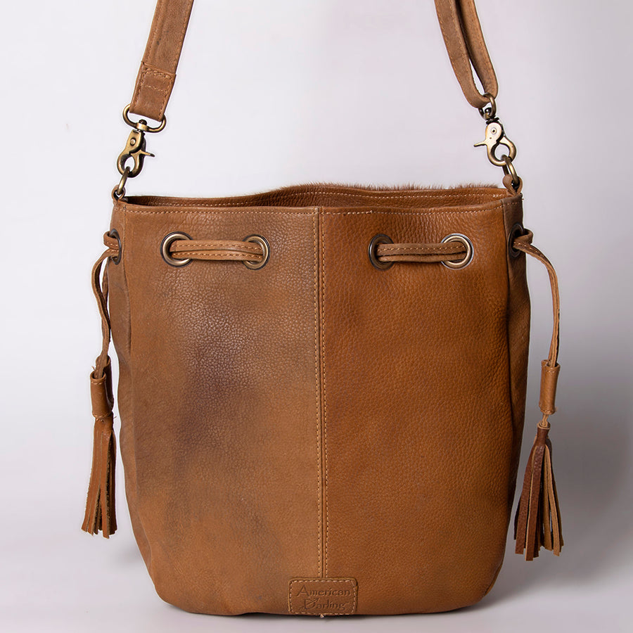 American Darling Bucket Bag Hand Tooled Floral Leather & Hair-On Cowhide Western Crossbody Purse 14in x 12in