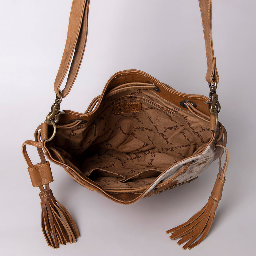 American Darling Bucket Bag Hand Tooled Floral Leather & Hair-On Cowhide Western Crossbody Purse 14in x 12in