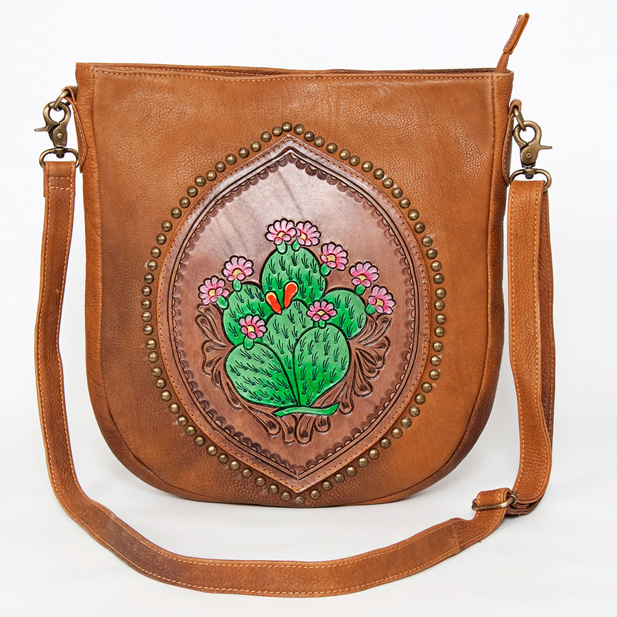 American Darling Large Cross body Bag Hand Tooled Floral Cactus Leather & Hair-On Cowhide Western Purse 14in x 12in