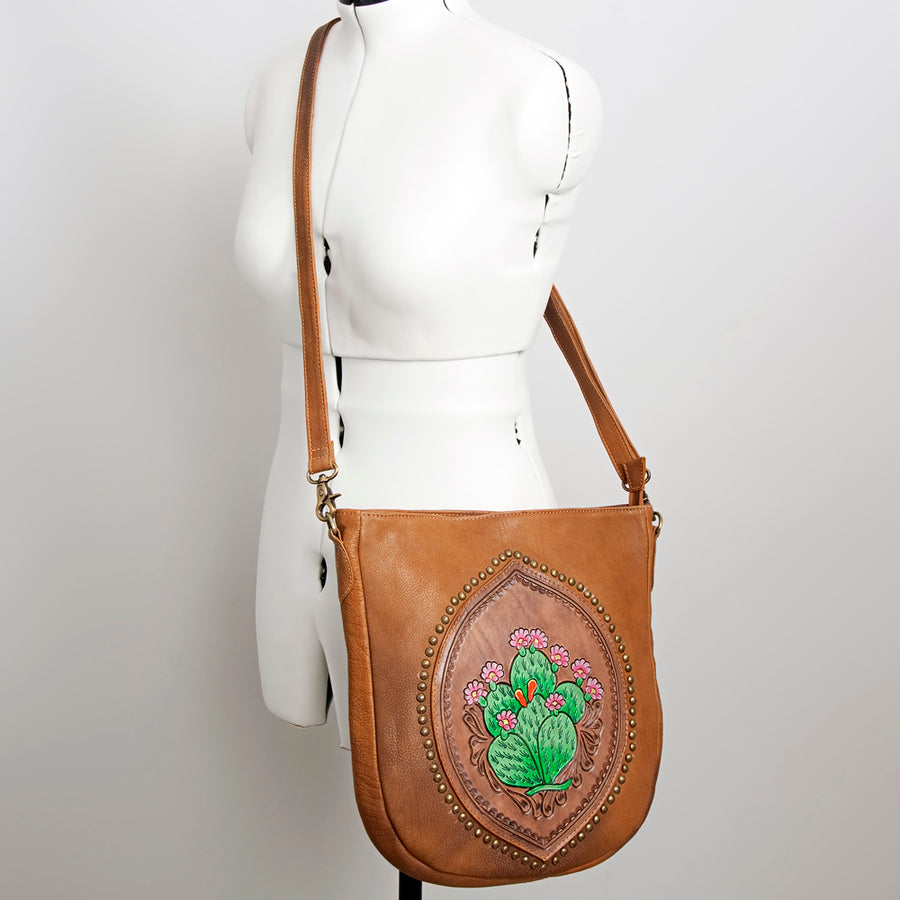 American Darling Large Cross body Bag Hand Tooled Floral Cactus Leather & Hair-On Cowhide Western Purse 14in x 12in