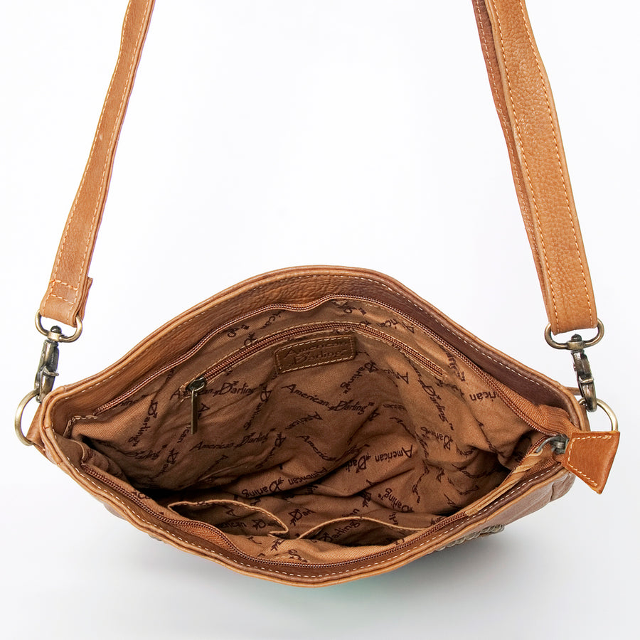 American Darling Large Cross body Bag Hand Tooled Floral Cactus Leather & Hair-On Cowhide Western Purse 14in x 12in