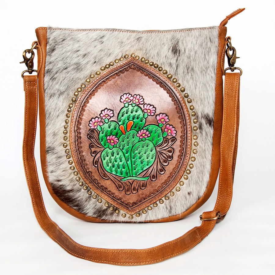American Darling Large Cross body Bag Hand Tooled Floral Cactus Leather & Hair-On Cowhide Western Purse 14in x 12in