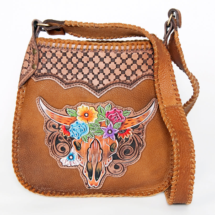 American Darling Large Cross body Bag Hand Tooled Longhorn Floral Hair-On Cowhide Western Leather Purse 11in x 11.5in