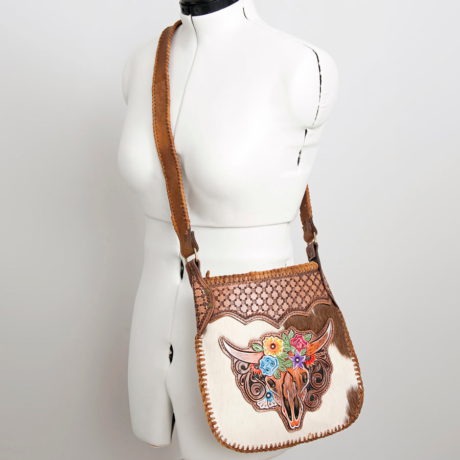 American Darling Large Cross body Bag Hand Tooled Longhorn Floral Hair-On Cowhide Western Leather Purse 11in x 11.5in