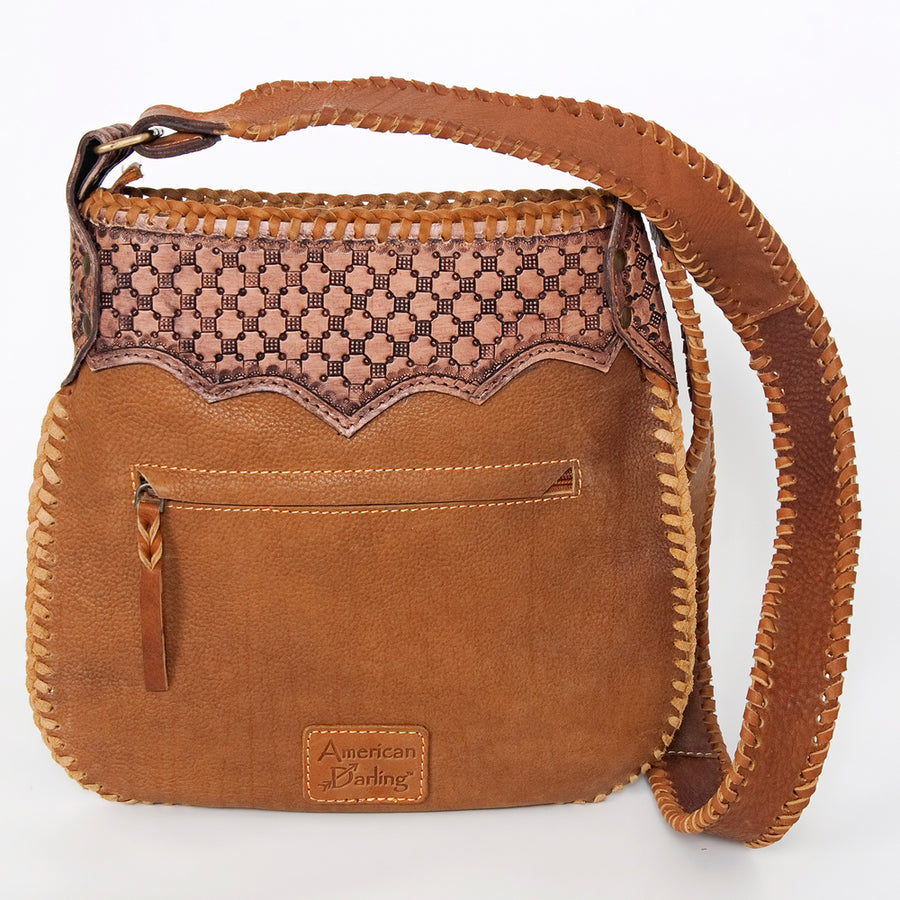 American Darling Large Cross body Bag Hand Tooled Longhorn Floral Hair-On Cowhide Western Leather Purse 11in x 11.5in