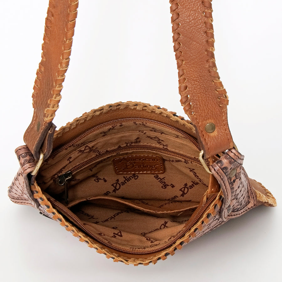 American Darling Large Cross body Bag Hand Tooled Longhorn Floral Hair-On Cowhide Western Leather Purse 11in x 11.5in