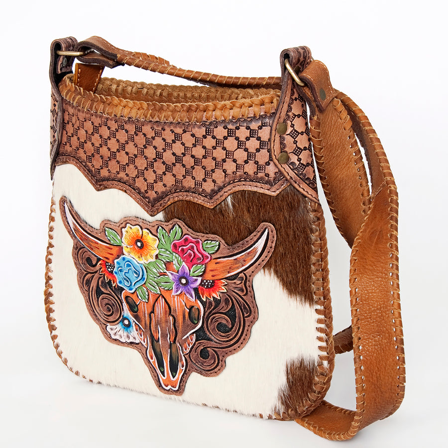 American Darling Large Cross body Bag Hand Tooled Longhorn Floral Hair-On Cowhide Western Leather Purse 11in x 11.5in
