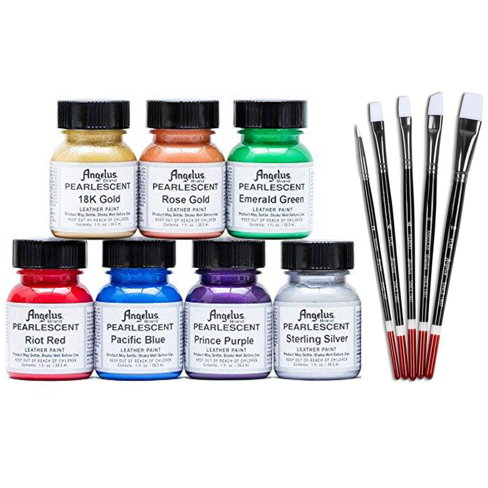 1 Oz Angelus Pearlescent Leather Paint 7 Color Set W/ 5 Pc Brush