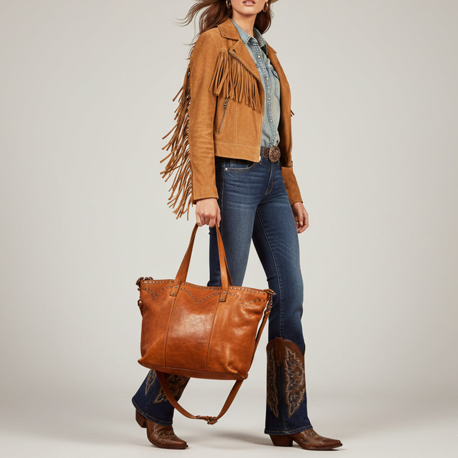 Spaghetti Western Swc135Acg Tote Vintage Handmade Drum Dyed Genuine European Cowhide Leather Women Bag Western Handbag Purse
