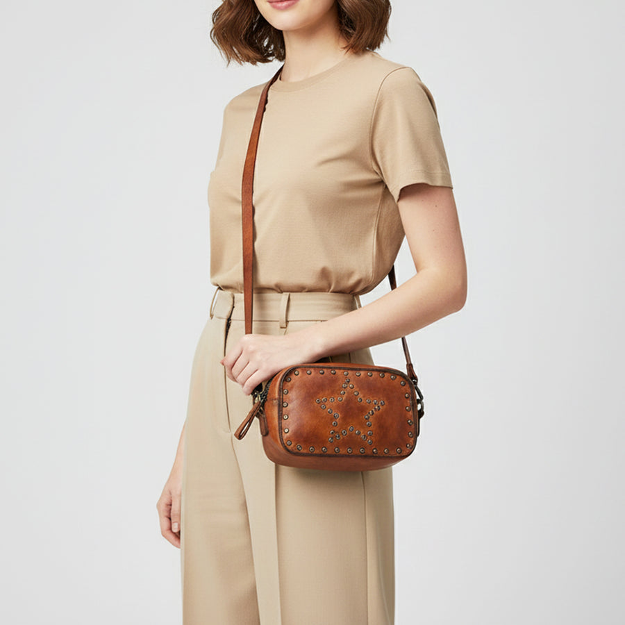 Spaghetti Western Swc166Cg Small Crossbody Vintage Handmade Drum Dyed Genuine European Cowhide Leather Women Bag Western Handbag Purse