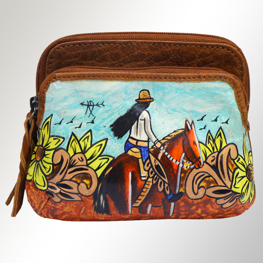 American Darling Coin Purse, Hand Painted Western Horse Scene, Vegetable Tanned Full Grain Leather, 8in X 3in X 12in
