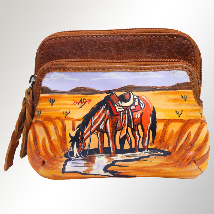 American Darling Coin Purse, Hand Painted Western Horse Scene, Vegetable Tanned Full Grain Leather, 8in X 3in X 12in