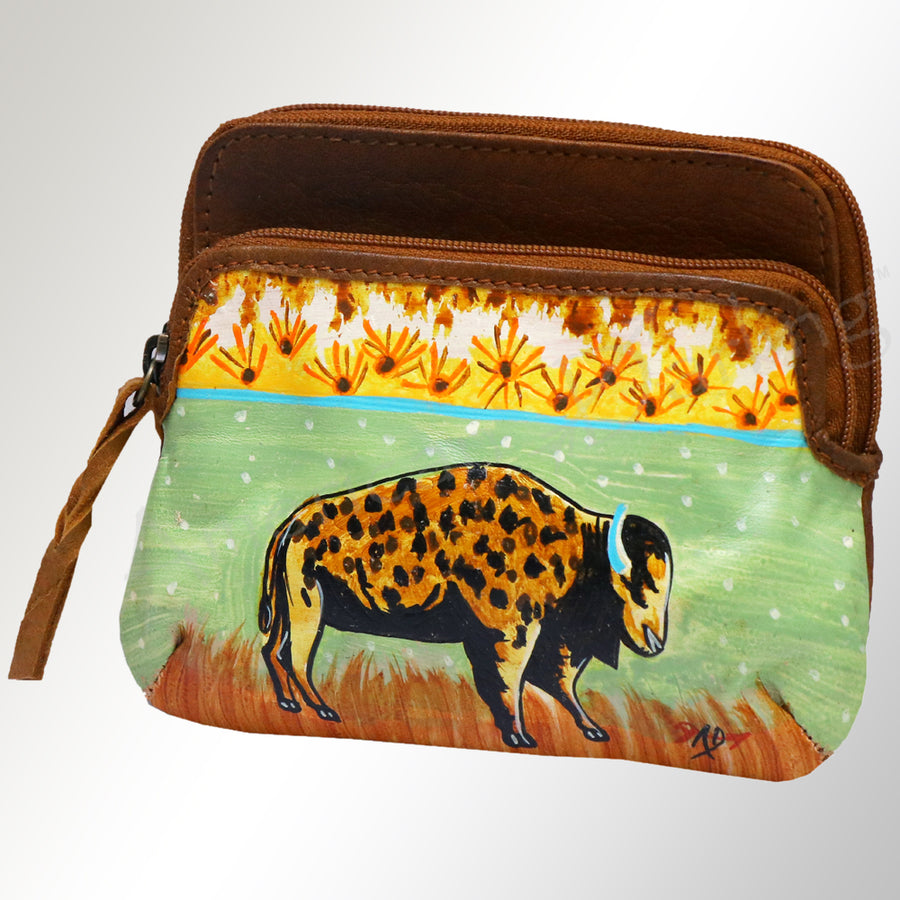 American Darling Coin Purse, Hand Painted Western Horse Scene, Vegetable Tanned Full Grain Leather, 8in X 3in X 12in