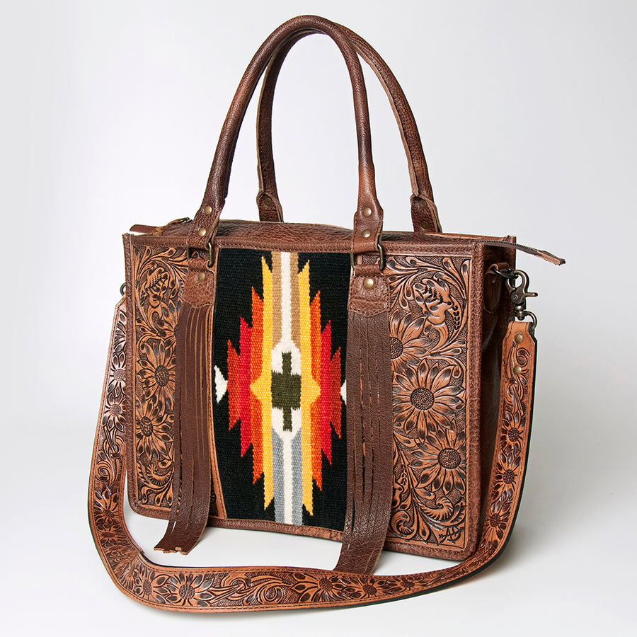 American Darling Western Leather Tote Bag - Hand Tooled Floral and Woven Saddle Blanket - Uhorse