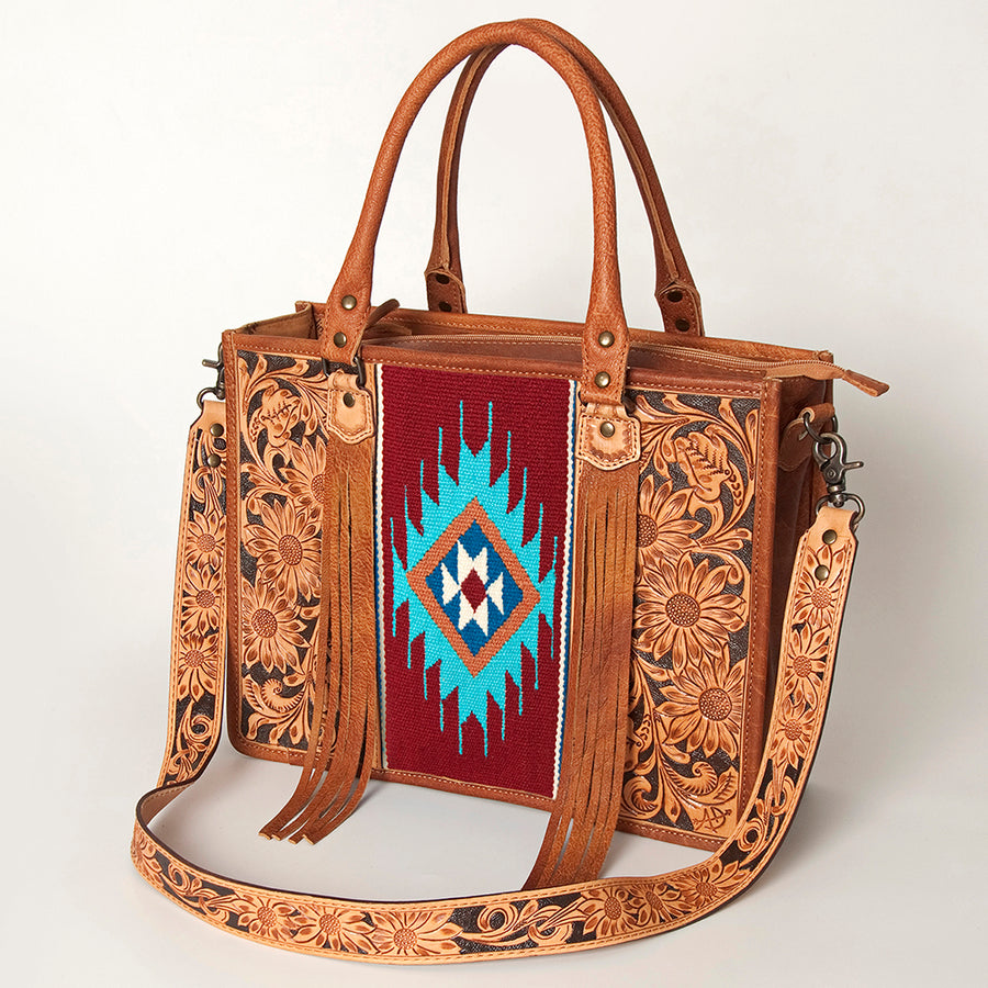 American Darling Western Leather Tote Bag - Hand Tooled Floral and Woven Saddle Blanket - Uhorse