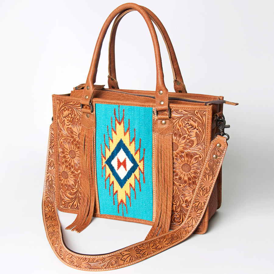 American Darling Hand Tooled Floral Western Leather Woven Saddle Blanket Tote Bag - Uhorse