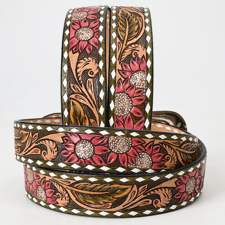 American Darling Beautifully Hand Tooled Green Genuine Leather Belt Men and Women Western with Removable Buckle