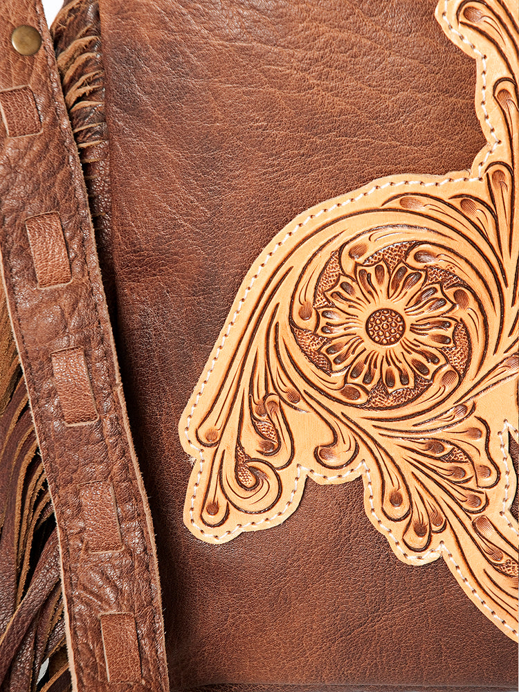 American Darling Large Cross body Bag, Hand Tooled Vegetable-Tanned Leather, Western Fringed Handcrafted Crossbody Purse