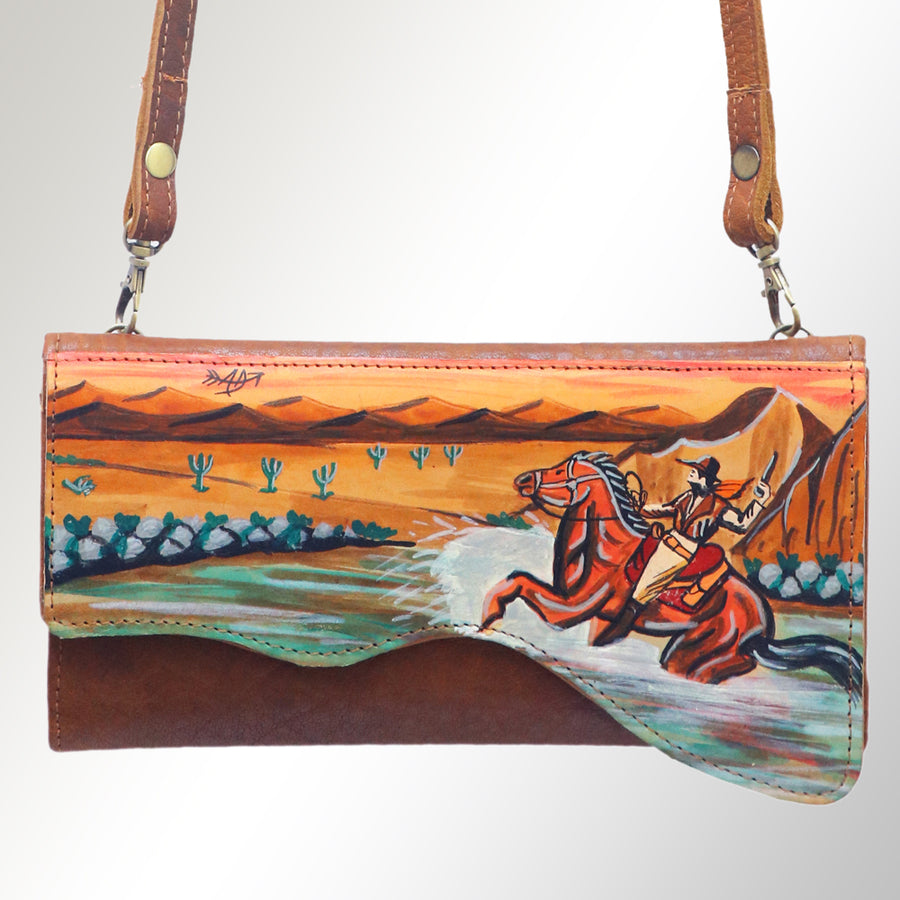 American Darling Small Cross body Bag, Hand Painted Western Scene, Vegetable Tanned Full Grain Leather, 4in (H) X 8in (W) X 1in (D)