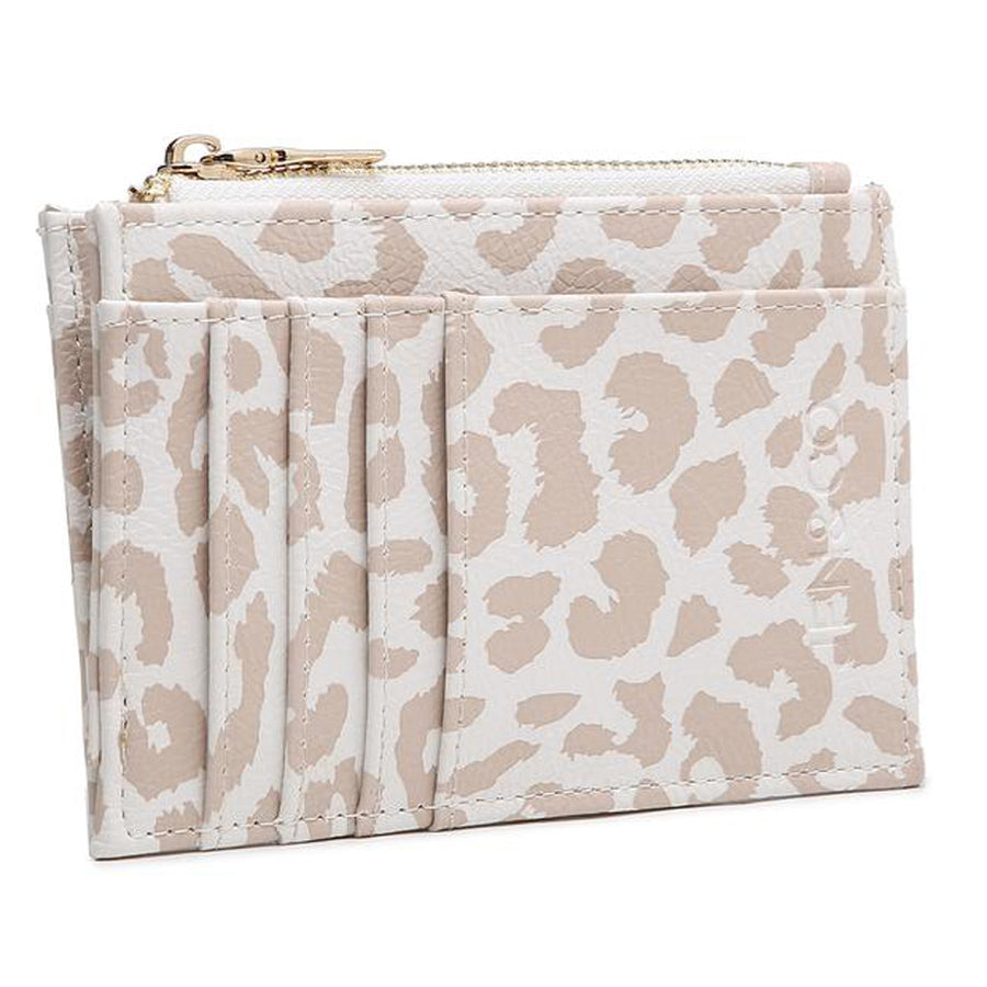 Beige leopard print canvas card wallet with zip top - Uhorse