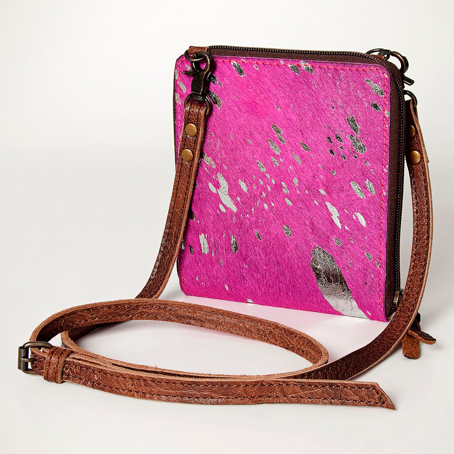 American Darling Handcrafted Pink Leather Cross body Bag with Hair-On Cowhide - Uhorse