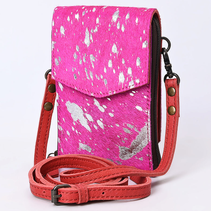 American Darling Handcrafted Pink Leather Cell Phone holder with Hair-On Cowhide - Uhorse