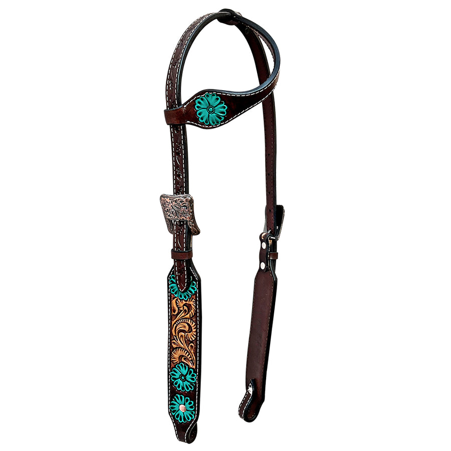 Brown leather one ear headstall with turquoise floral tooling - Bar H Equine