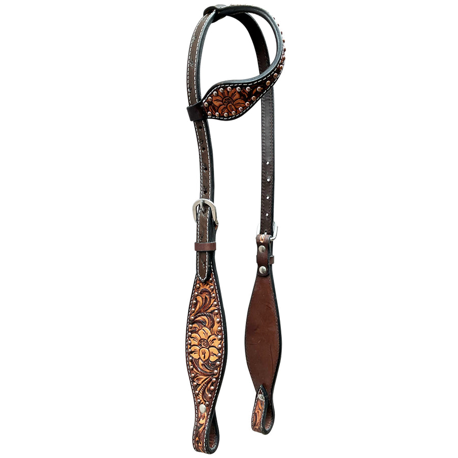 Brown leather western bridle with tooled details - Bar H Equine