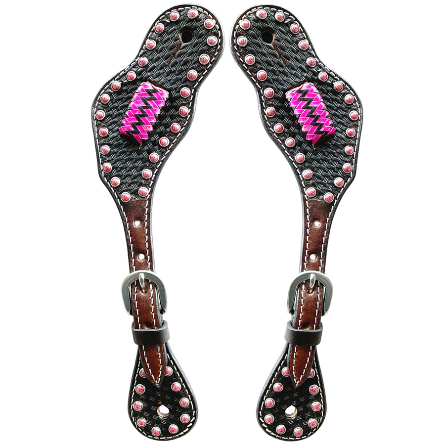 Leather spur straps with pink conchos and magenta lightning bolt detail - Uhorse