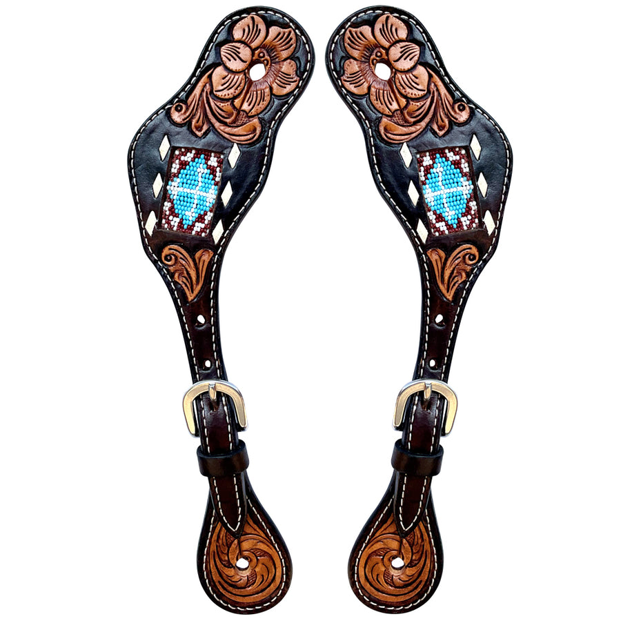 Black leather spur straps with turquoise beaded inlay and tooled copper accents - Uhorse