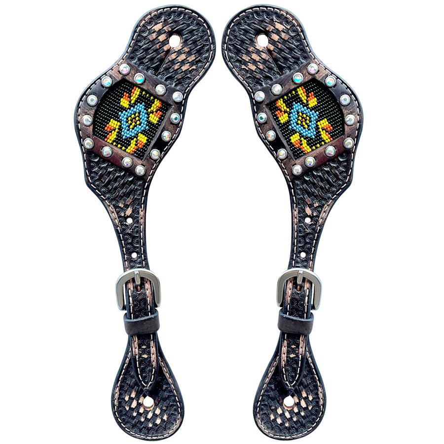 Black leather spur straps with beaded geometric pattern - Uhorse