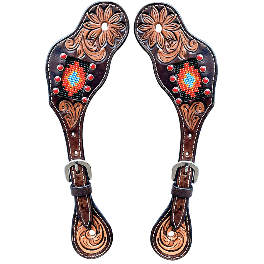 Leather spur straps with beaded geometric design - Uhorse