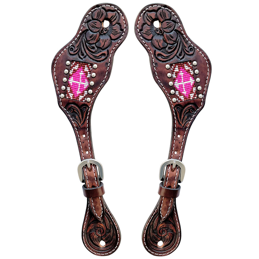 Brown leather spur straps with pink beaded diamond detail - Uhorse