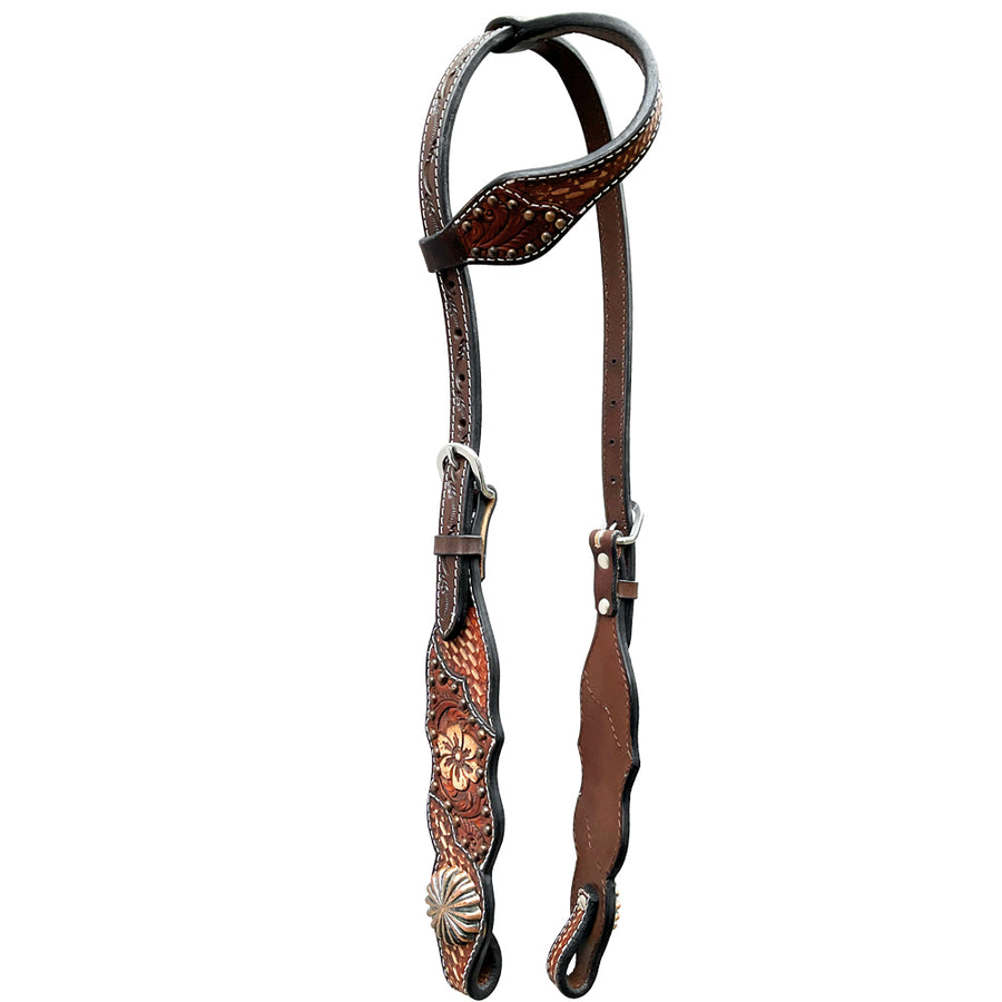 Brown leather western single ear headstall with tooled details - Uhorse