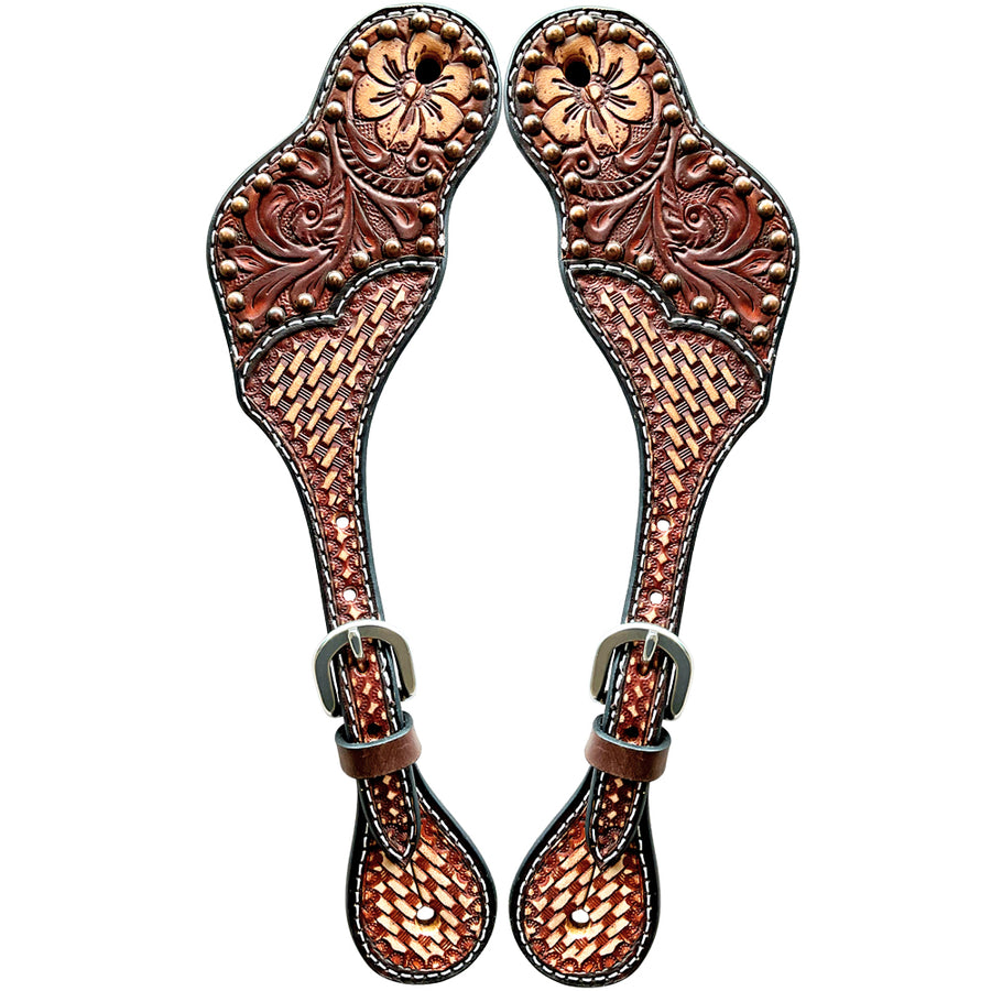 Tooled leather spur straps with floral design - Uhorse