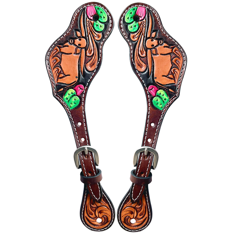 Leather spur straps with tooled design and turquoise conchos - Uhorse