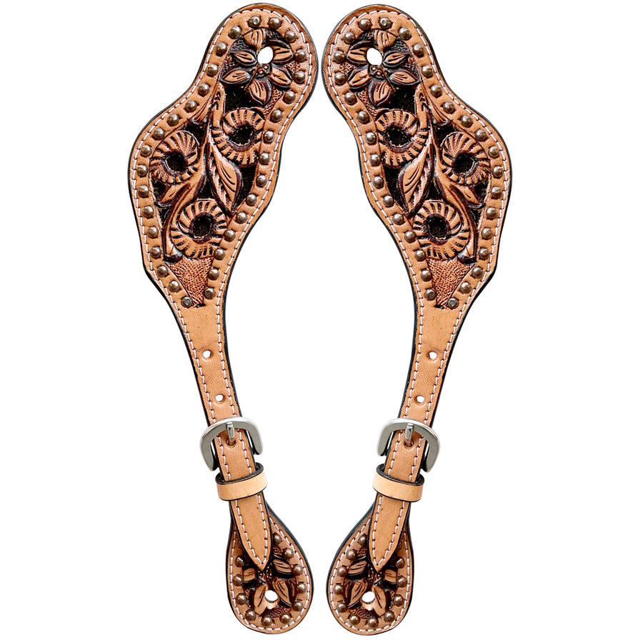 Tooled leather spur straps with floral design - Uhorse