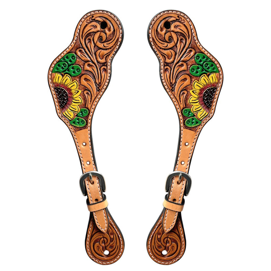 Leather spur straps with tooled floral and sunflower design - Uhorse