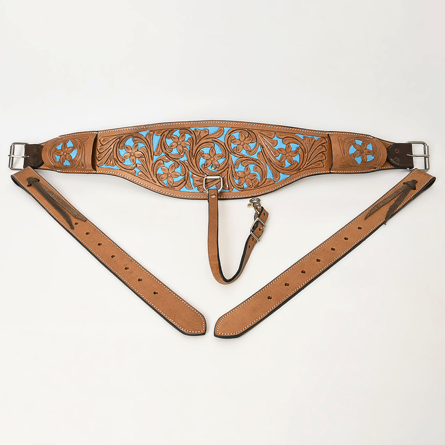 Comfytack By HILASON Genuine Leather Floral tooled Horse Saddle Flank Cinch Girth Turquoise Inlay Billets & Connector
