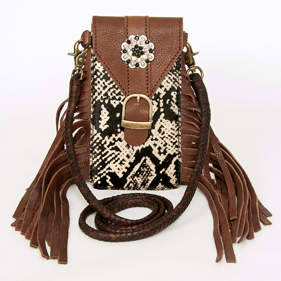 American Darling Hair-On Cowhide Cell Phone Holder Fringes Braided Handle Vegetable-Tanned Genuine Leather YKK Zipper