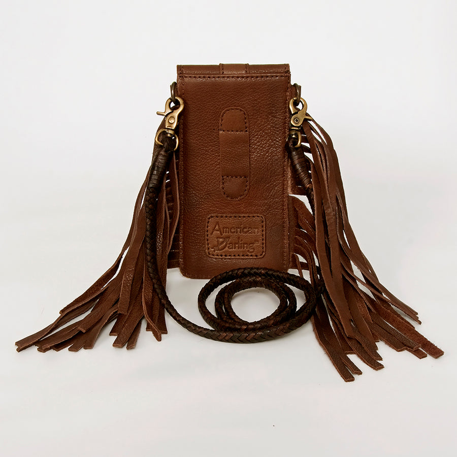 American Darling Hair-On Cowhide Cell Phone Holder Fringes Braided Handle Vegetable-Tanned Genuine Leather YKK Zipper