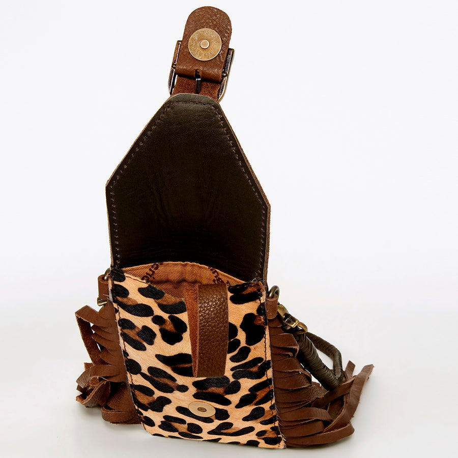 American Darling Hair-On Cowhide Cell Phone Holder Fringes Braided Handle Vegetable-Tanned Genuine Leather YKK Zipper
